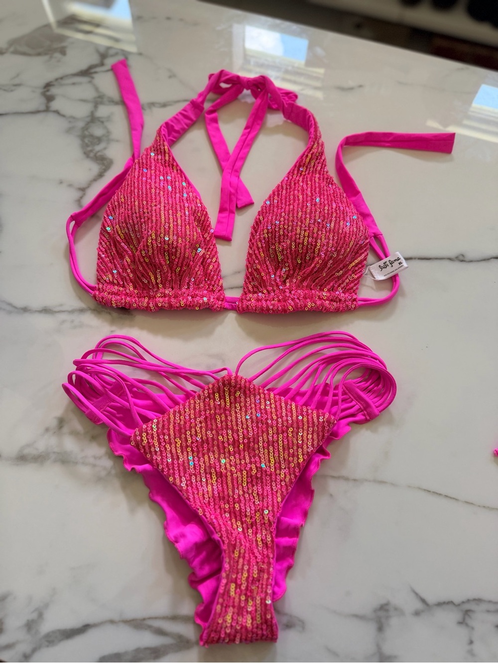 Luli Fama Hot Pink Sequin Triangle Bikini Like New